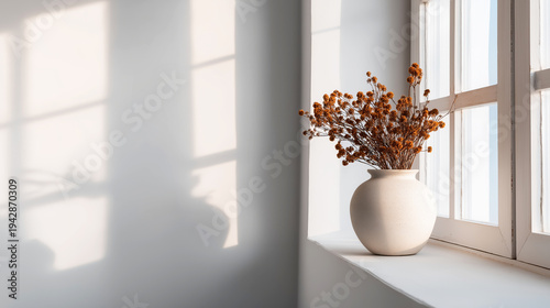 Dried flower arrangement in ceramic vase on window sill with natural light and shadow creating modern minimalist aesthetic
