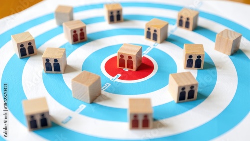 Wooden blocks with people icons on a blue and white target board, symbolizing business strategy, marketing goals, and customer focus