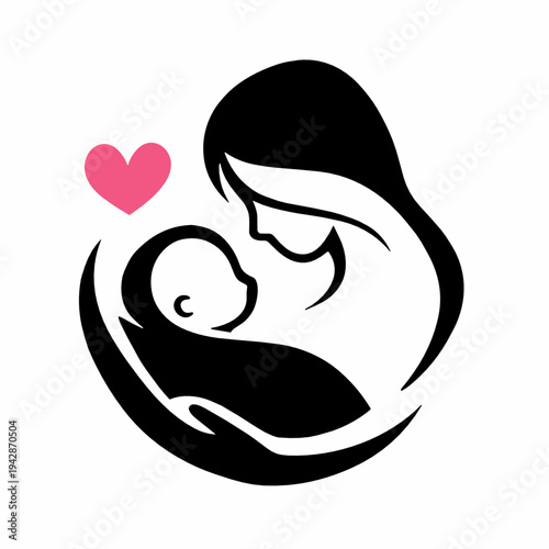 Elegant black and pink line icon of a mother cradling her baby with a heart accent. Minimal vector symbol for maternal love, breastfeeding, bonding, and newborn care.