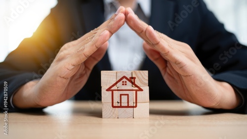 Hands forming a protective roof over a wooden cube with a red house icon, symbolizing home insurance, property protection, and real estate security