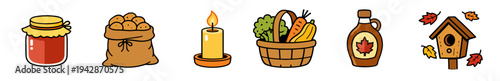 A row of rustic farm style icons shows jam, grain, oil, harvest basket, syrup and a birdhouse. Cozy autumn vector set for organic food labels, country markets and seasonal packaging.