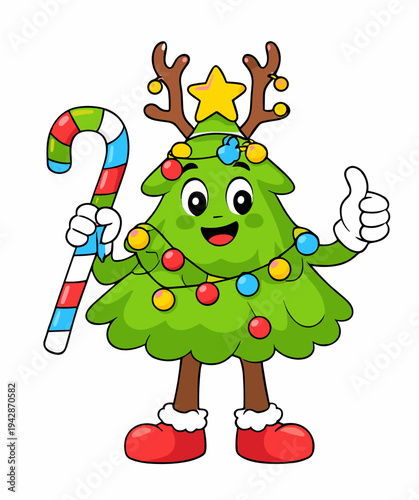 Happy Christmas tree mascot with reindeer antlers, striped candy cane and thumbs up gesture, decorated with lights and star. Fun winter character for holiday branding and greetings.