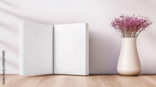 Open magazine mockup with blank pages standing on a light wooden surface, a vase with dry pink flowers beside it