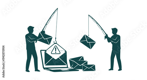 Phishing email attack illustration with hackers fishing for sensitive data from a laptop computer.