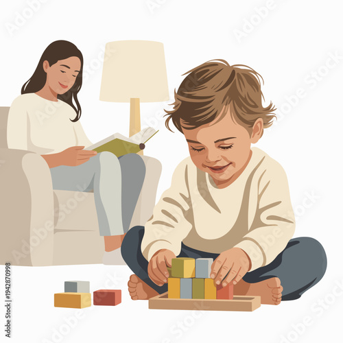A young child sits on the floor, concentrating intently on stacking colorful blocks.