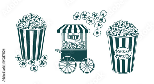 Retro hand drawn popcorn illustration set with vintage cart and striped buckets for movie theater