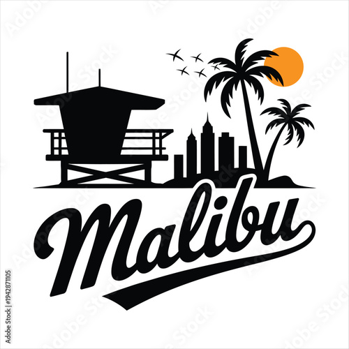 Malibu beach skyline with lifeguard tower and palm trees