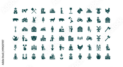 Agriculture and Farming Icon Set Featuring Farmers Livestock Barns Tractors and Rural Life Symbols