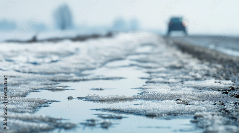 Fototapeta premium Melting snow and ice on a rural road, creating puddles reflecting the sky with a car driving away
