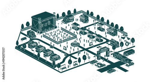 Outdoor Community Festival and Event Fair Isometric Vector Illustration with Food Trucks and Stage