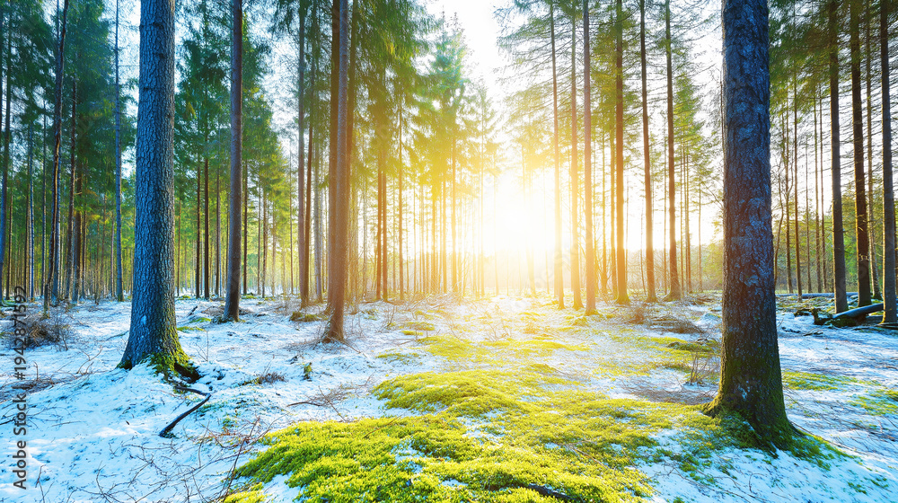 Naklejka premium Sunrise light piercing through tall pine trees, illuminating melting snow and emerging vibrant green moss on the tranquil forest ground