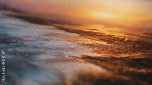 Abstract textured landscape at golden hour with vibrant oranges and cool blues viewed from an angled perspective evoking a serene atmosphere