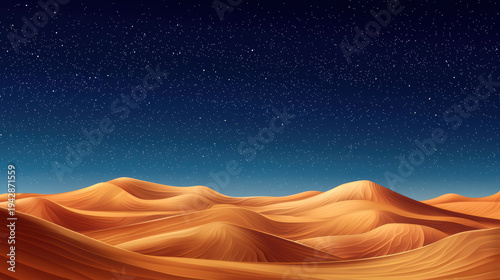 A captivating vista unfolds across a serene desert landscape, where undulating sand dunes meet the mesmerizing expanse of a star-filled night sky, creating wonder.