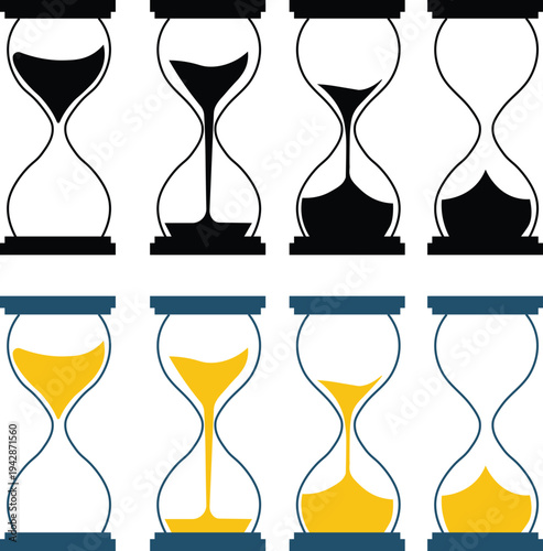 Hourglass icon set showing different stages of sand flowing in sandglass time passing and countdown concept vector illustration