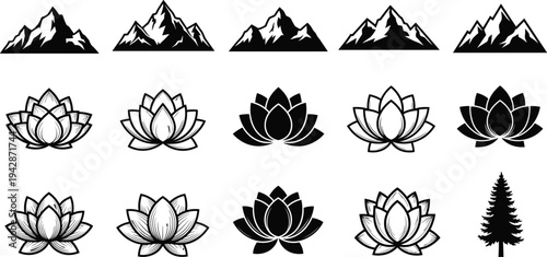 Collection of mountain peaks, lotus flowers and pine tree silhouettes minimalist nature icon set for yoga branding, outdoor adventure logo and meditation design