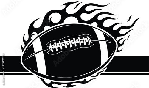 Flaming American football ball with dynamic fire trail bold sports emblem illustration for team mascot logo, championship event branding and athletic design