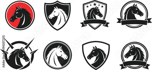 Horse head logo collection with shield badges and ribbon banners elegant equestrian emblem set for stable branding, racing club identity and vintage mascot design