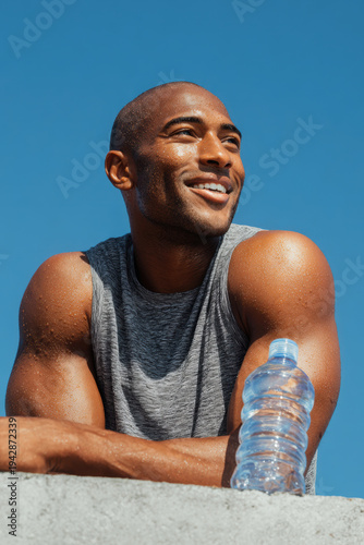 Wallpaper Mural Cardio sports exercise, healthy lifestyle. A man wearing a gray tank top, smiling while holding a bottle of water against a bright blue sky. Torontodigital.ca