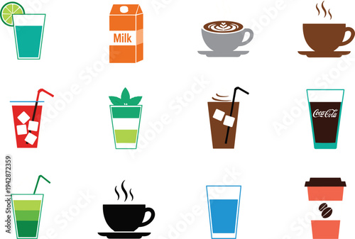 Beverage Icon Set Featuring Coffee Cups, Milk Carton, Soda, Juice, Smoothie, and Cold Drink Illustrations for Cafe Menu Design