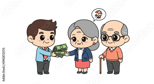 Cartoon illustration of a young man handing money to an elderly couple standing together on a white background with a thoughtful expression.