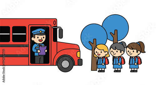 Illustration of a smiling school bus driver standing in the doorway with three children wearing backpacks waiting to board the bus beside trees.