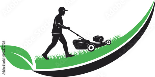 Lawn mowing service logo with gardener pushing mower on green grass leaf eco landscaping emblem design for garden care and yard maintenance business