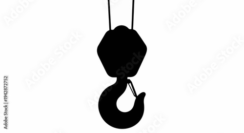 Strong metal crane hook silhouette against a bright white background