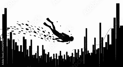 Silhouette of a diver exploring an abstract underwater cityscape