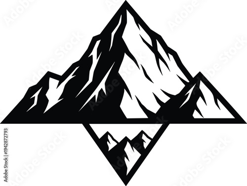 Mountain peak silhouette with geometric reflection shape minimalist nature emblem illustration for outdoor adventure logo, hiking brand identity and alpine landscape design