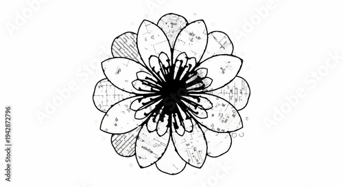 Delicate hand-drawn flower illustration with intricate petals and textured details.