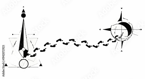 Footprints trace a journey from abstract geometric design to a compass rose under a crescent moon.