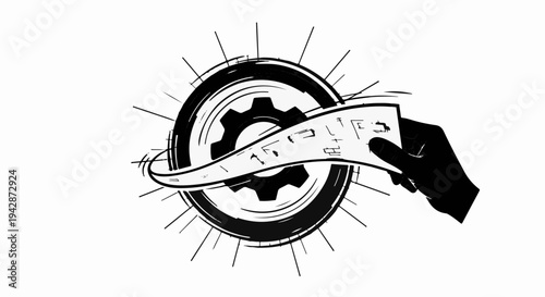 Hand unfurls banner with text over stylized gear, symbolizing industry and innovation