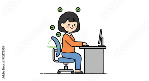 A cartoon woman with black hair sits at a gray desk working on a computer with a blue chair and green bubbles around her head on a white background with a cheerful mood.