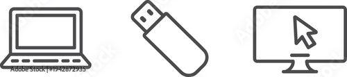 Computer technology and hardware vector icon set with laptop, USB flash drive, and desktop monitor