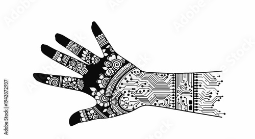 Intricate fusion of traditional henna art and futuristic circuit board patterns on a human hand.