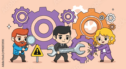 Cartoon illustration of three workers with tools and gears on a peach background with a playful mood.