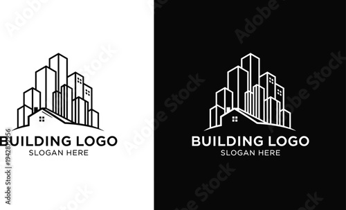 Modern building skyline logo with house roof outline minimalist real estate architecture emblem for property developer branding construction company identity vector design