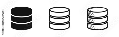 Database or data stack icons set in flat, outline, and doodle styles