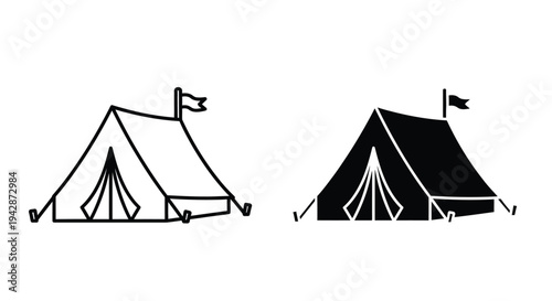 Black and white line art illustrations of two camping tents with flags on top against a clean white background.