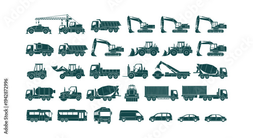 Heavy Construction Machinery and Transport Vehicle Silhouettes Icon Set Vector Collection Graphics