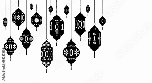 Decorative lanterns with binary code patterns hanging, symbolizing digital celebration and tradition.