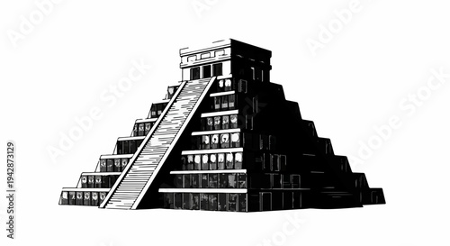 Ancient stepped pyramid structure against a stark white background