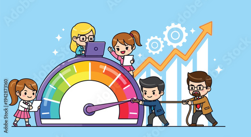 Cartoon children adjusting a colorful gauge with a needle and graph elements on a light blue background with white sparkles.