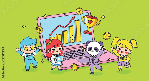 Cartoon characters celebrating around a laptop with a graph on the screen against a green background with a joyful mood.