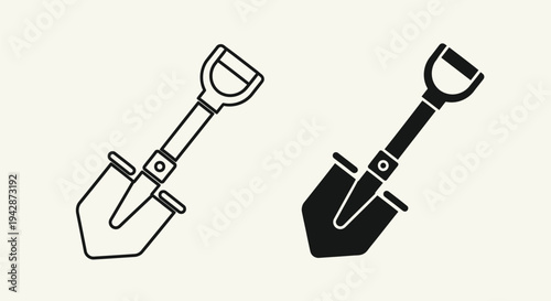 Black and white line art illustrations of two garden shovels with handles on a plain background.