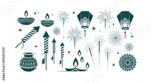 Diwali Festival Icon Collection with Diya Lamps Firecrackers Lanterns and Mandala Graphic Elements