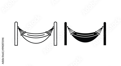 Black and white illustration of two hammocks with posts on a clean white background in a simple graphic style.