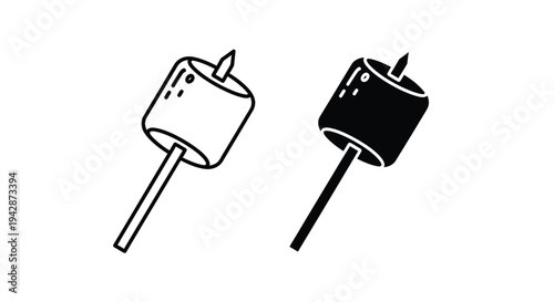 Black and white illustration of two marshmallows on skewers with a simple design on a plain background.