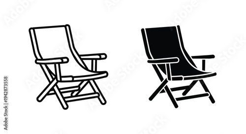 A line drawing illustration of two black and white folding beach chairs with a white background.