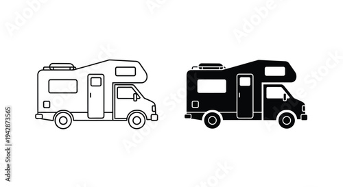 Two camper vans in black and white line art style on a clean white background.
